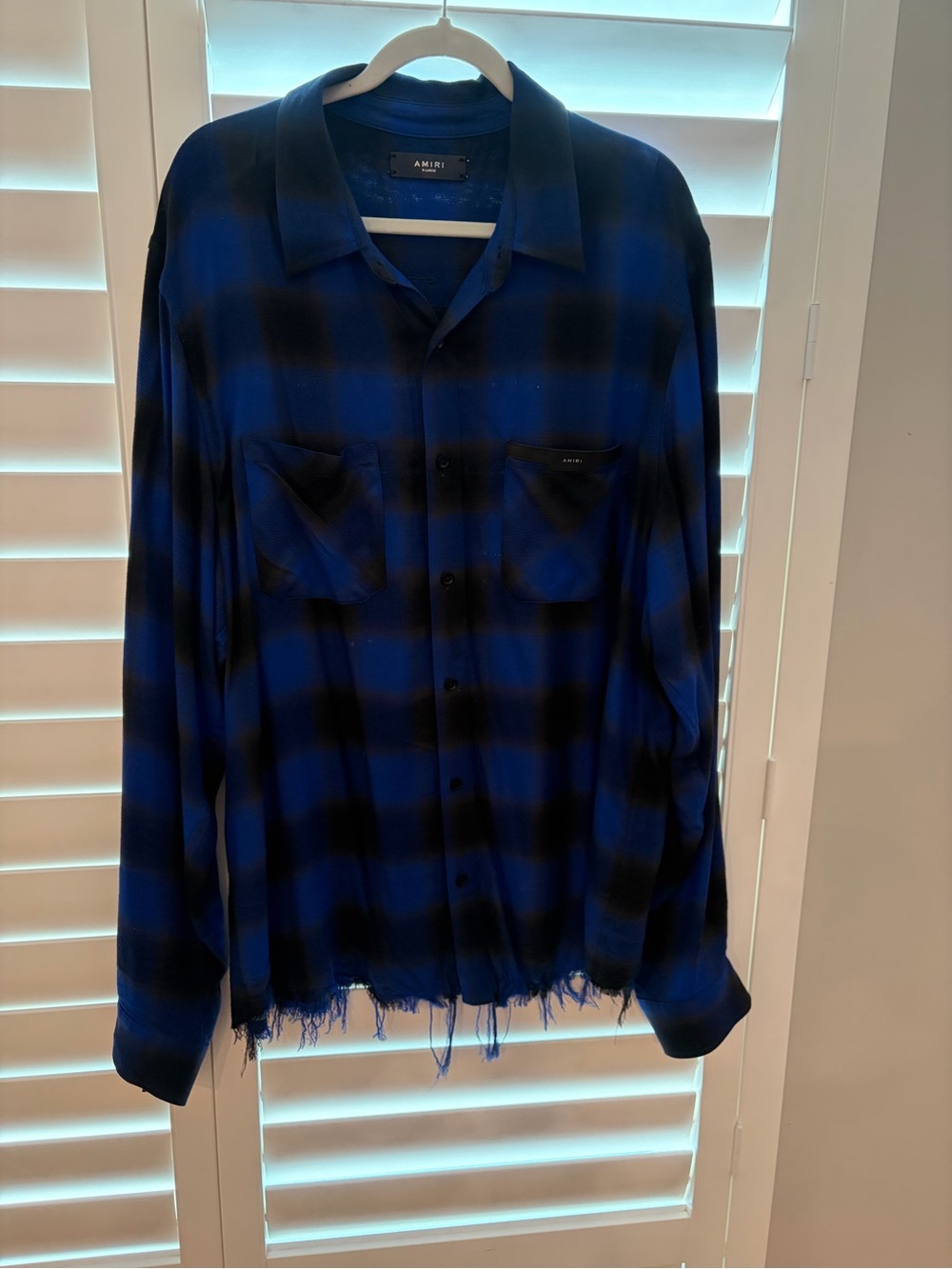 AMIRI Black and Blue Plaid Shirt with Leather Label